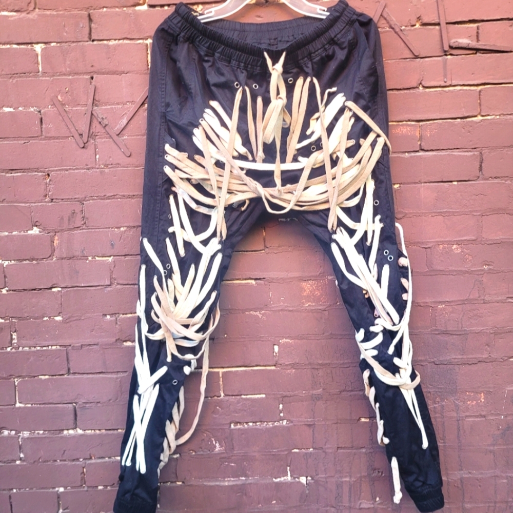 Two Twin Style Shoestring Pants Punk Grudge Emo Street Wear Black Elastic Leg XL